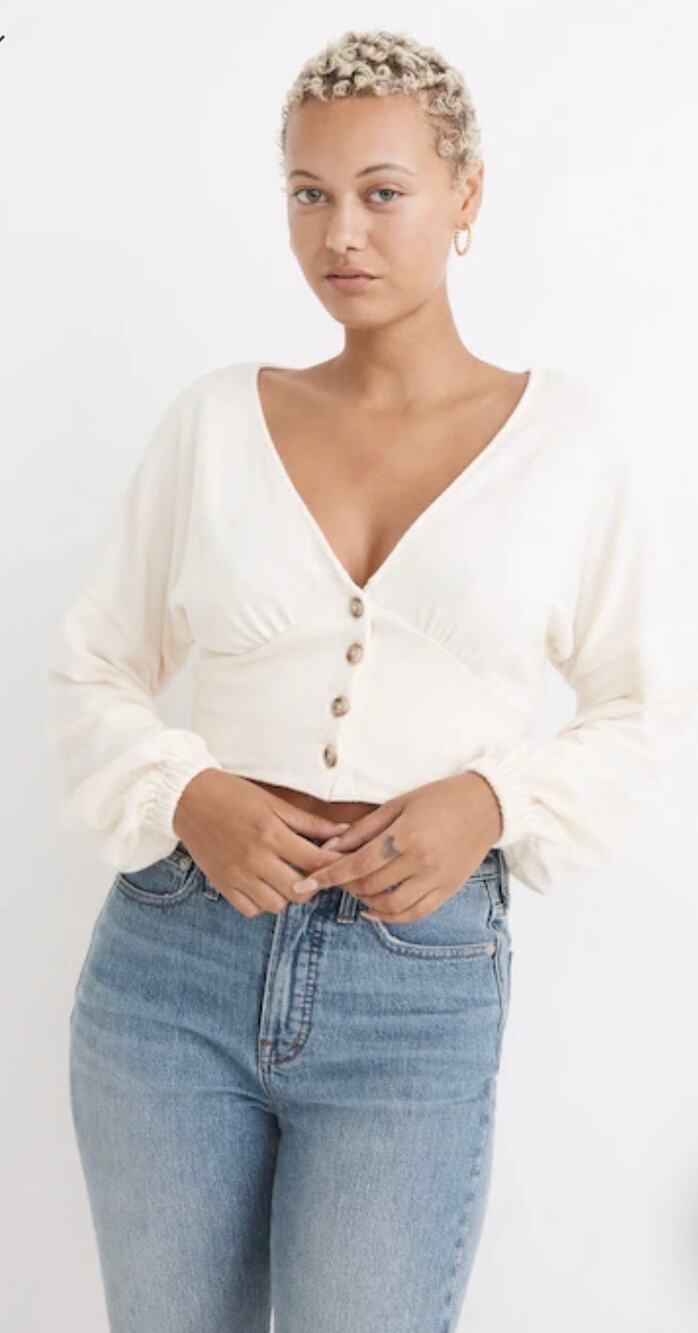 New Madewell Deep-V Button-Front Crop Top Long Sleeve Antique Cream Small
